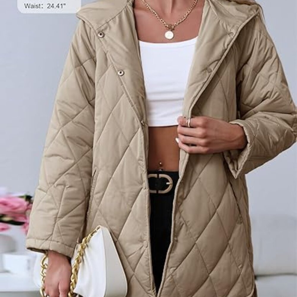 Women Oversized Snap Quilted Casual Hooded Loose Fit Winter Coat w/ Pockets Sz L - Picture 3 of 6